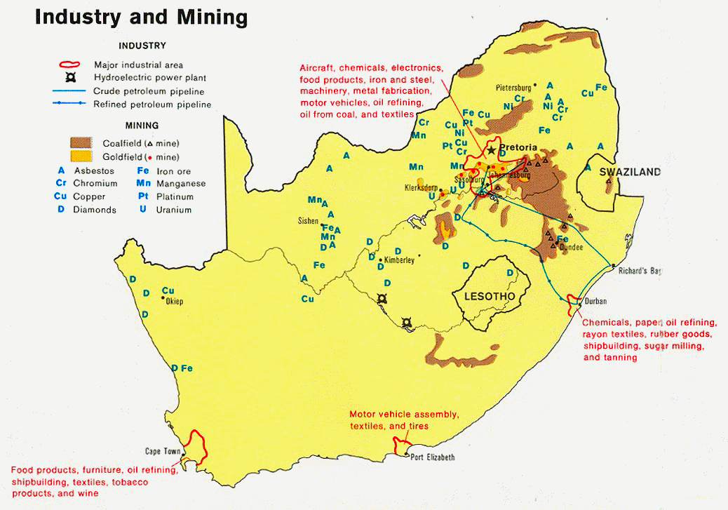 Carte de l'Afrique du Sud  (industrie et mines).