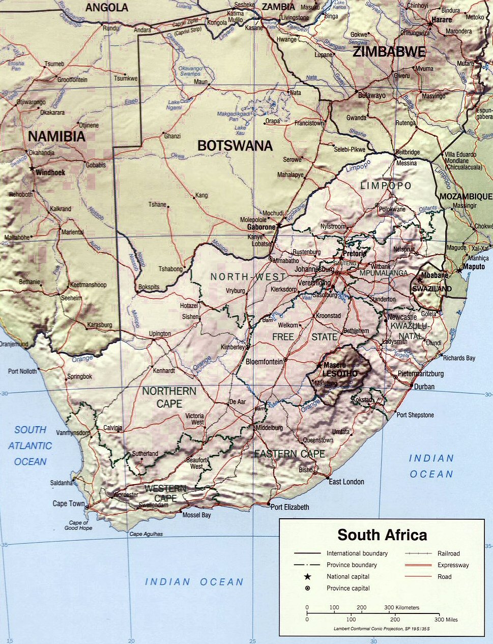 Carte de l'Afrique du Sud  (topographie).