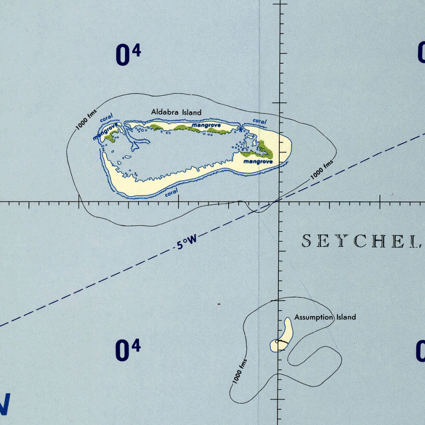 Carte des Seychelles : îles Aldabra et Assumption.