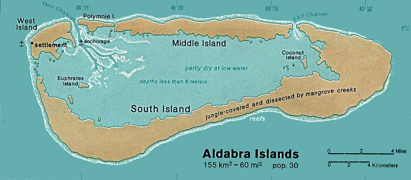 Carte des Seychelles : îles Aldabra.