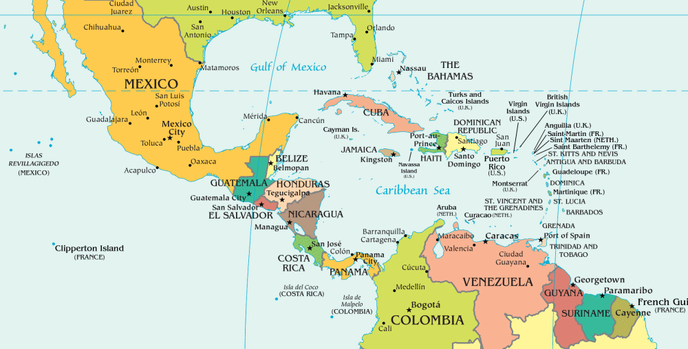 Carte de l'Amrique centrale et des Antilles (politique).