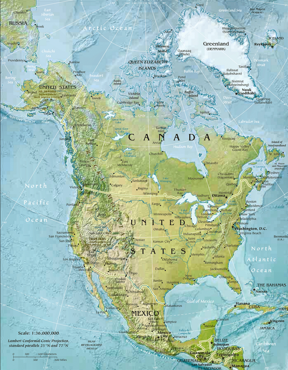 Carte de l'Amrique du Nord (physique).