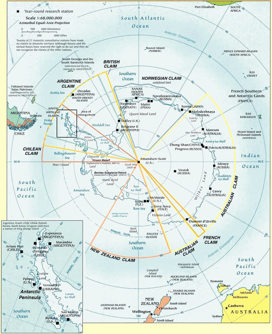 Carte politique de l'Antarctique.