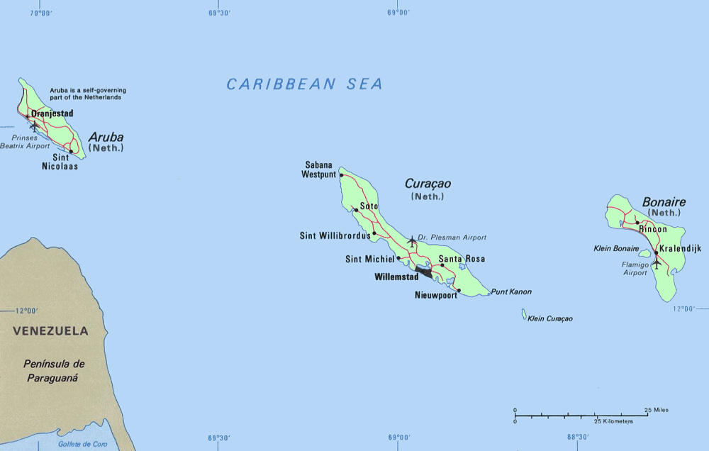 Carte des les Aruba, Curaao et Bonaire.