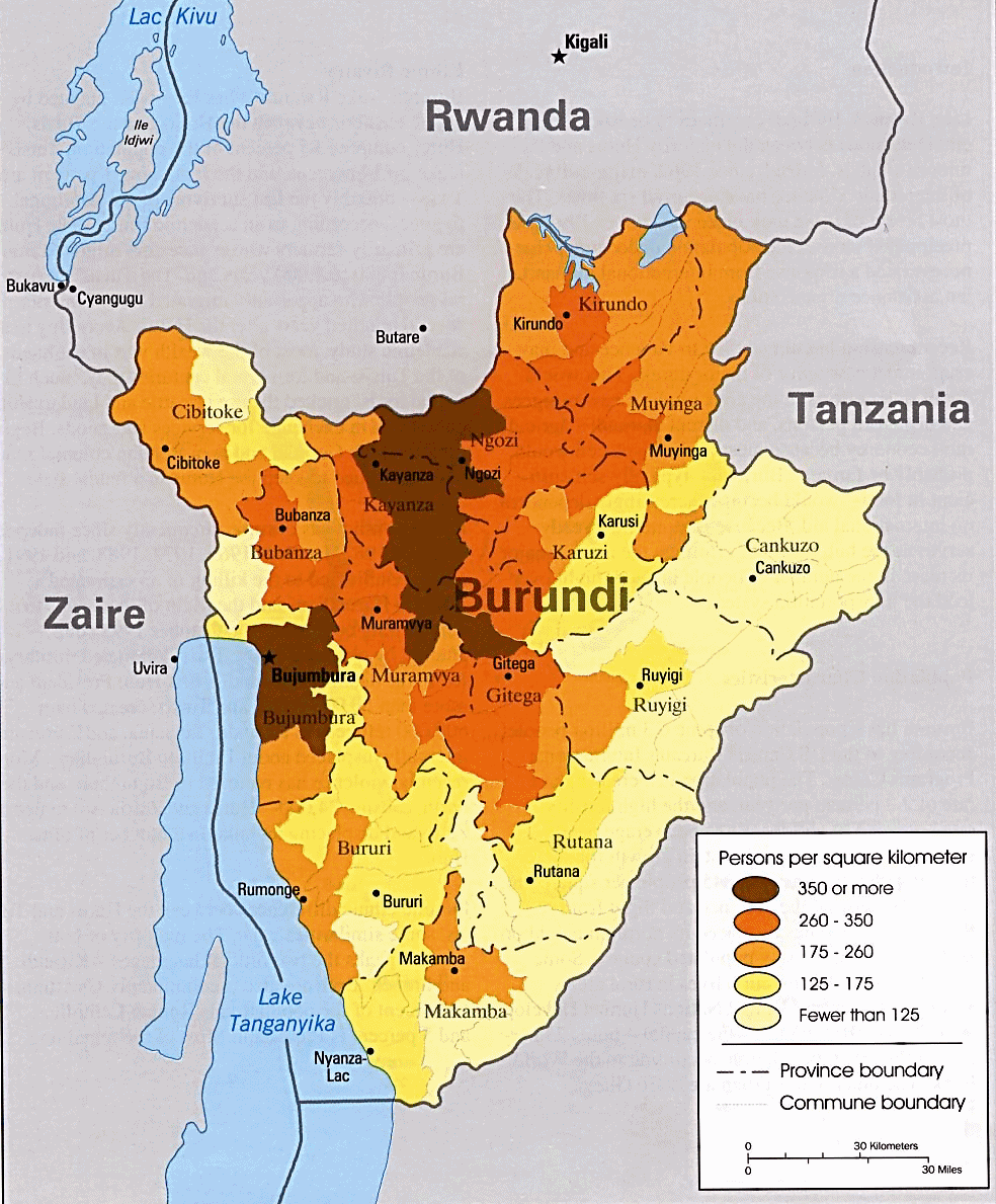 Carte du Burundi : la densité de la population.