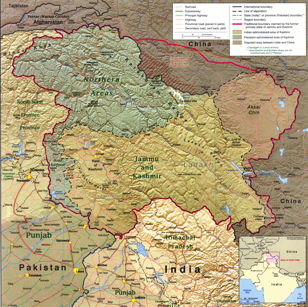 Carte du Cachemire (rgions disputes par l'Inde et le Pakistan).