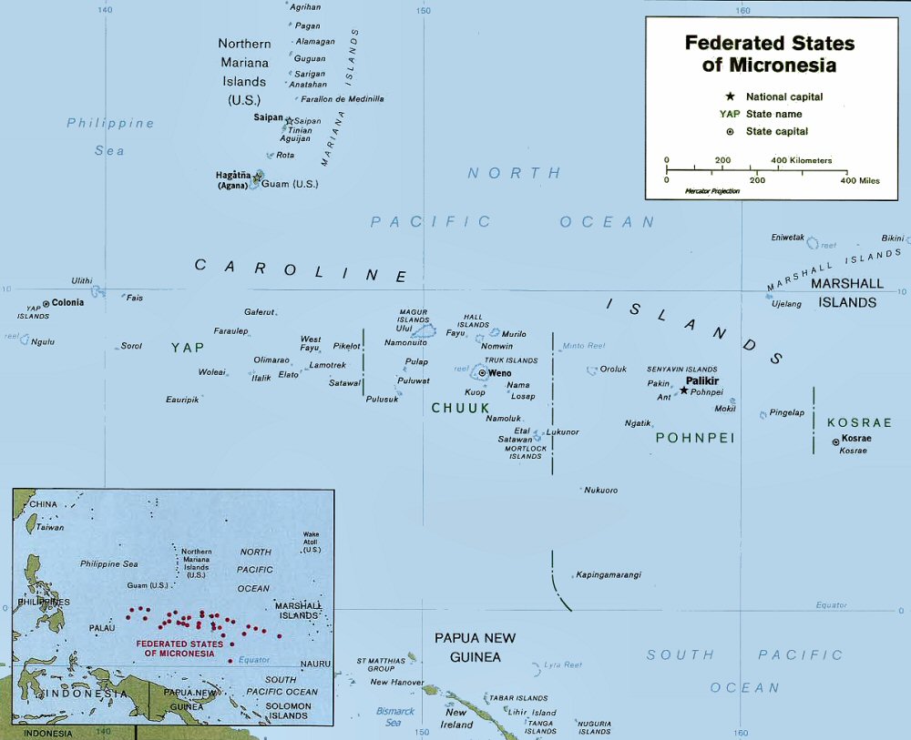 Carte des îles Carolines (Etats fédérés de Micronésie).