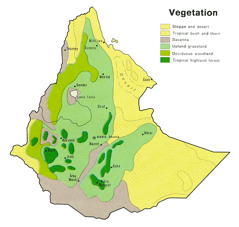 Carte de l'Ethiopie et de l'Erythrée (végétation).