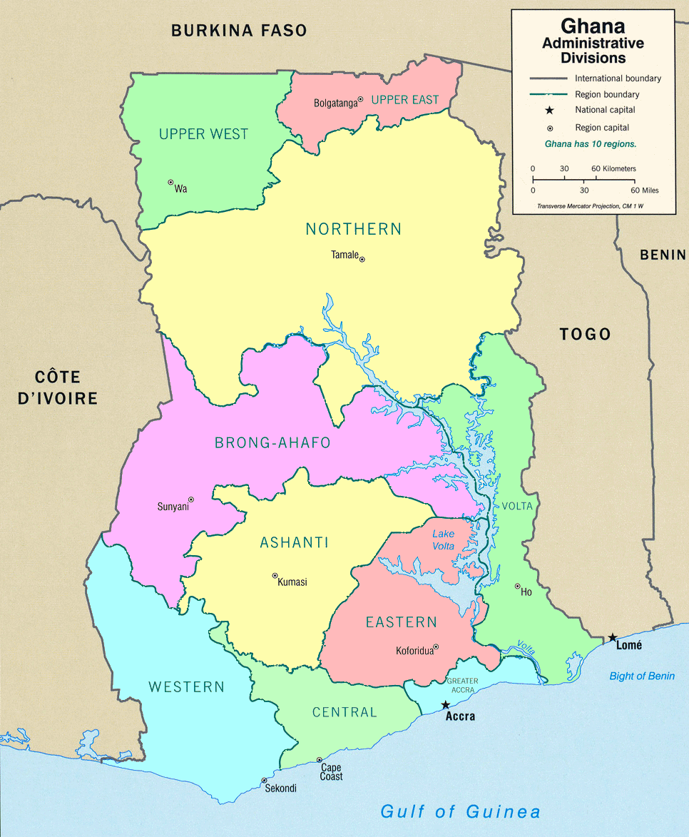 Carte du Ghana : divisions administratives.