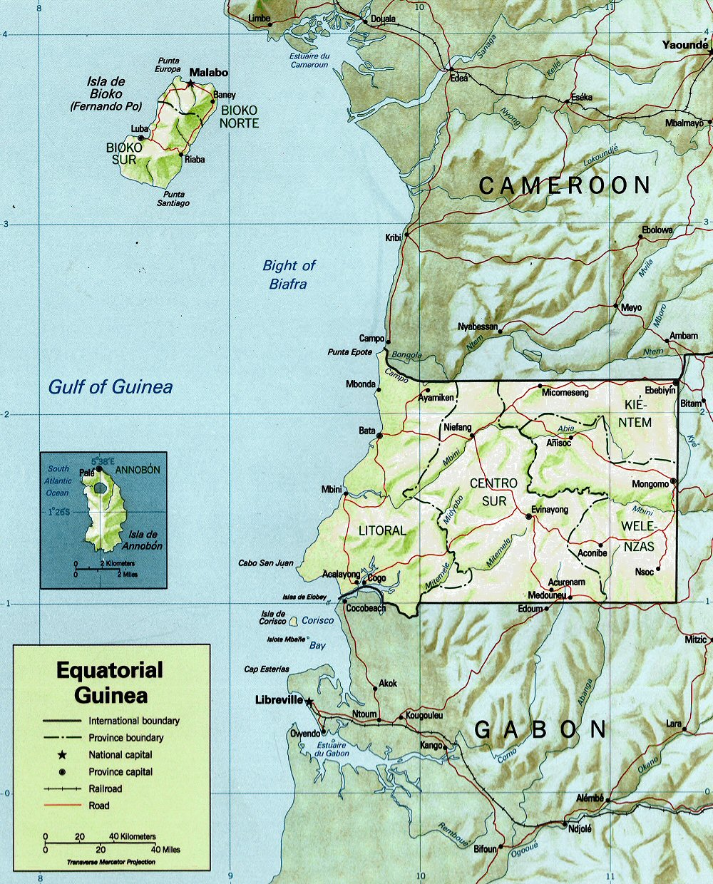 Carte topographique de la Guinée Equatoriale.