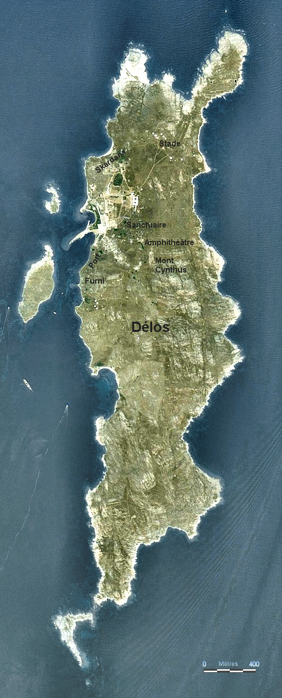 L'île de Délos vue depuis l'espace.