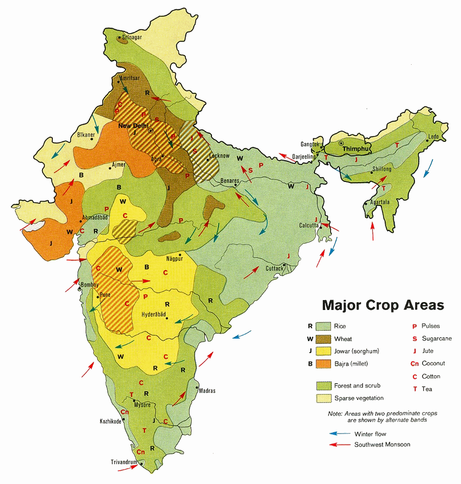 Carte de l'Inde :agriculture et utilisation des sols.