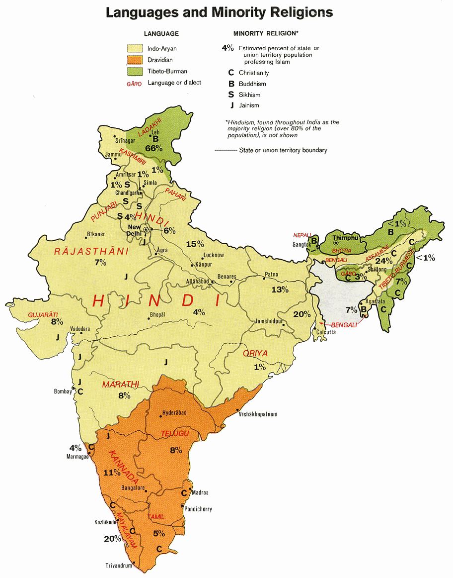 Carte de l'Inde : langues, groupes ethniques.