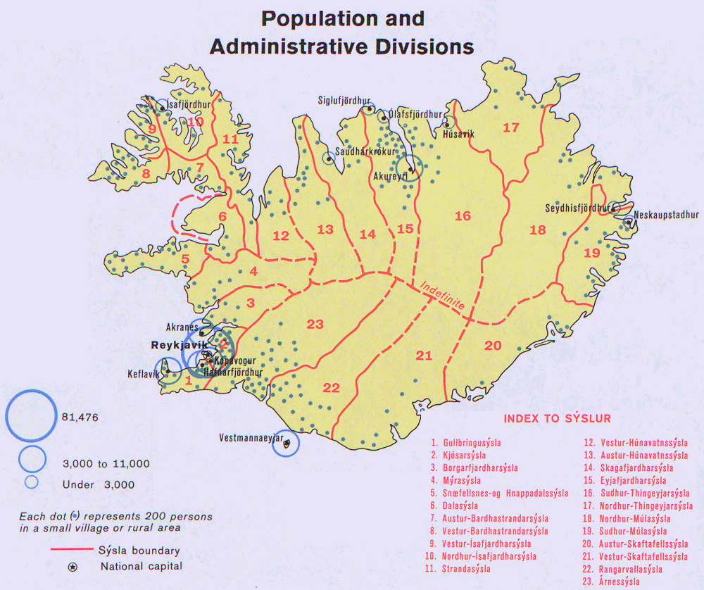 Carte de l'Islande : population et divisions administratives.
