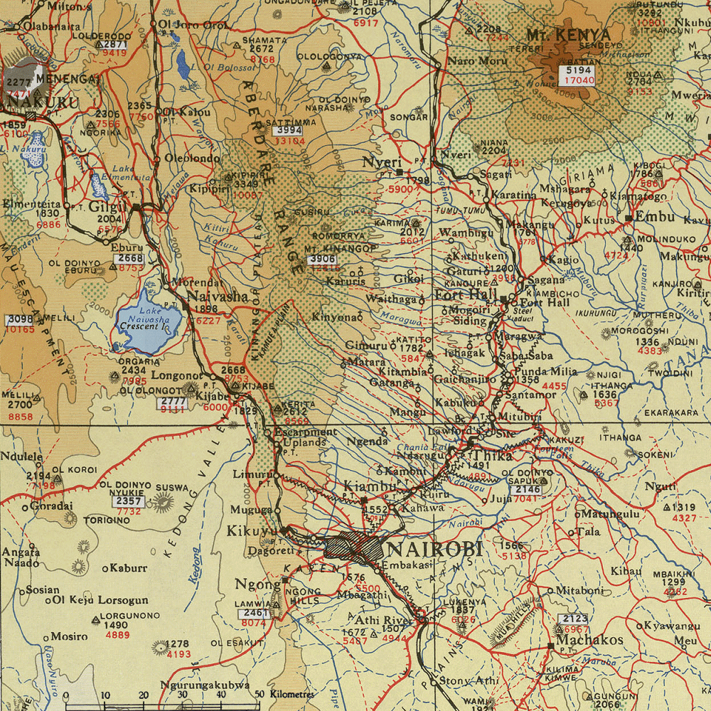 Carte du Kenya (région de Nairobi et du mont Kenya).