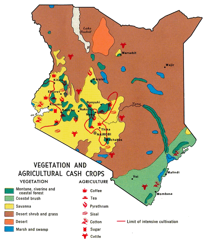 Carte du Kenya (végétation,agriculture).
