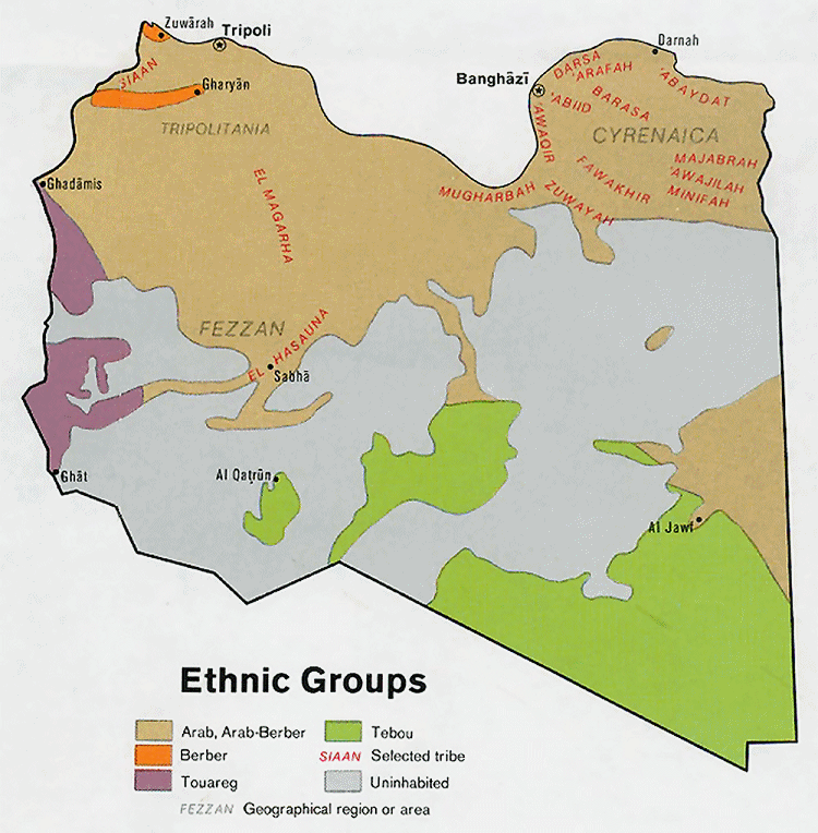 Carte de la Libye : les groupes ethniques.