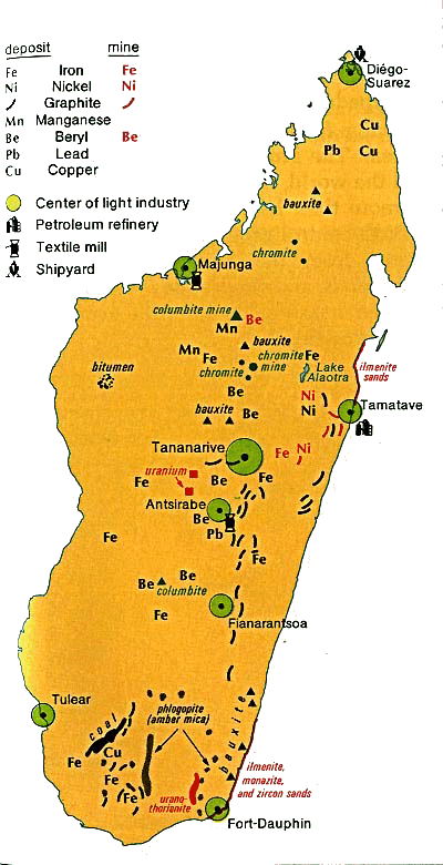 Carte de Madagascar (industries, mines).