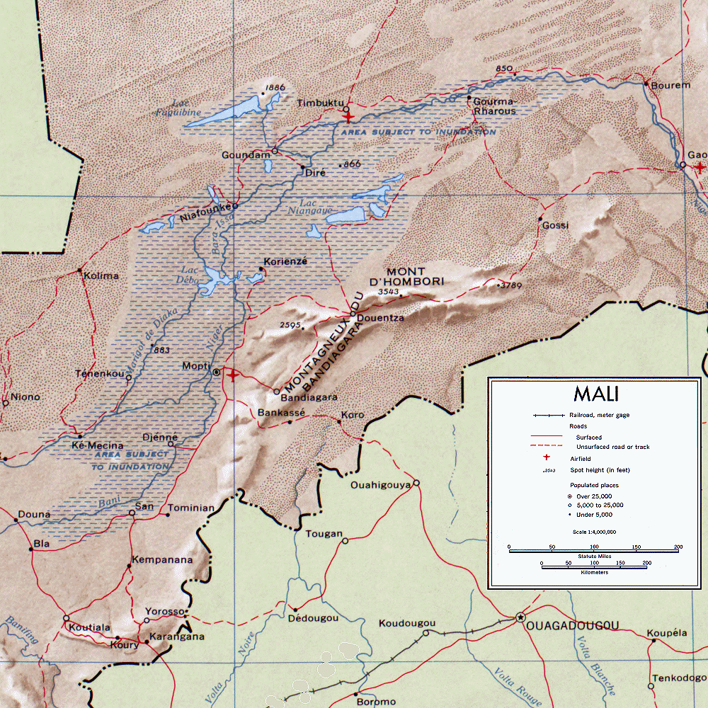 Carte du Mali : région centrale (Mopti, Gao, Tombouctou).