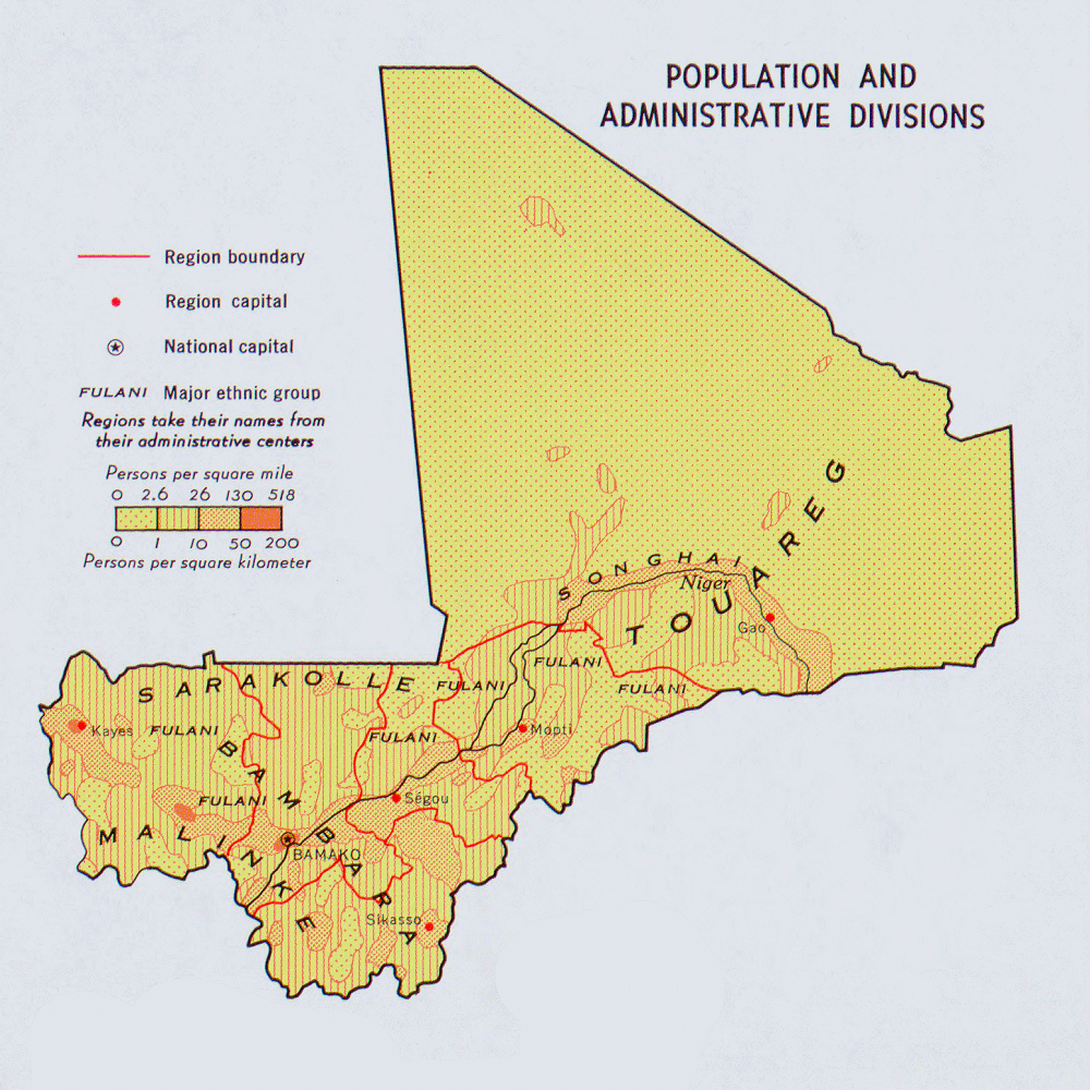 Carte du Mali : la démographie et les divisions administratives.