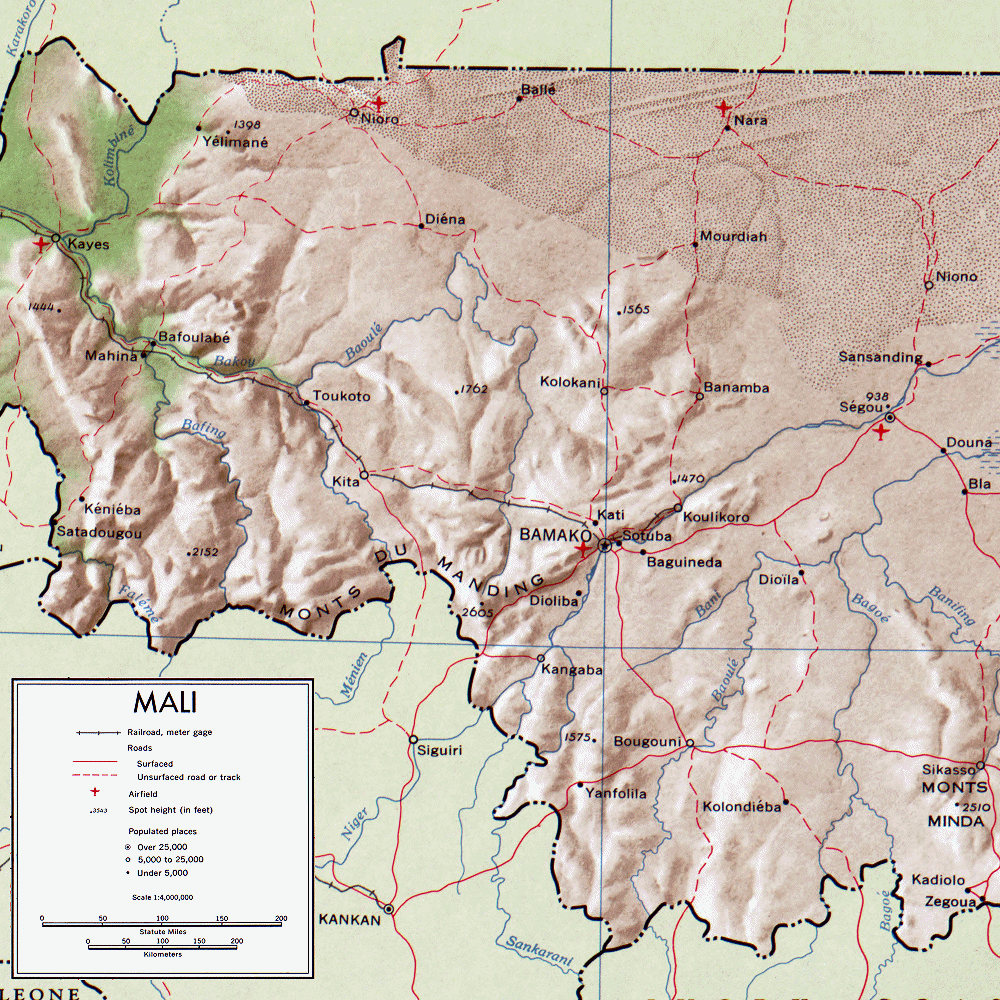 Carte du Mali : Sud-Ouest (région de Bamako, Kayes, Ségou).