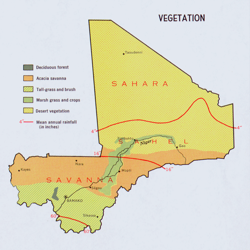 Carte du Mali : les zones de végétation.