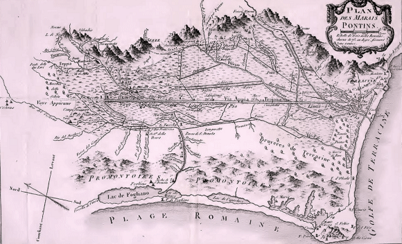 Carte des marais Pontins au XVIIIe siècle.