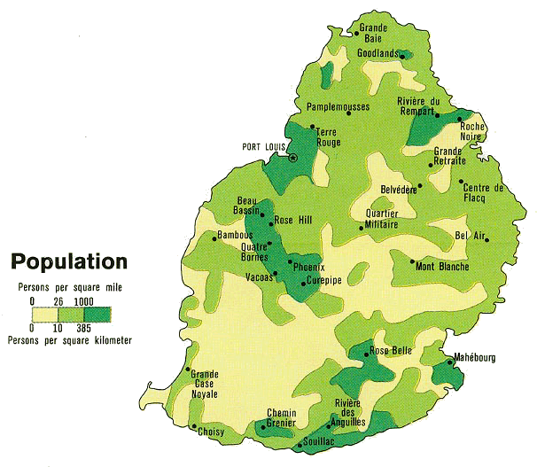 Carte de la densité de la population de l'île Maurice.
