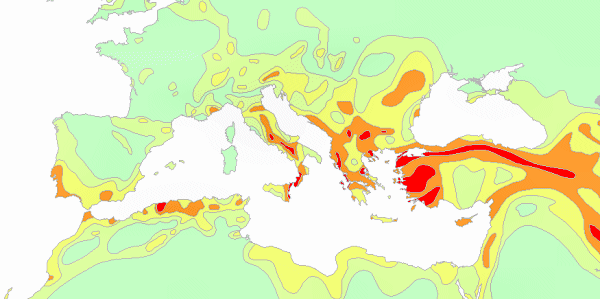 Méditerranée : carte des risques sismiques.
