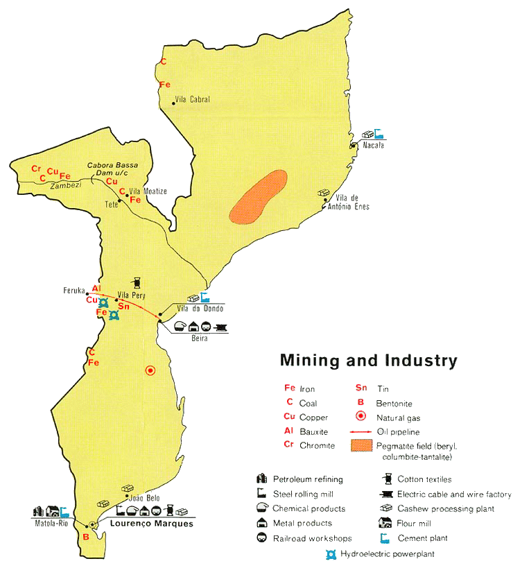 Carte du Mozambique  (industrie et mines).