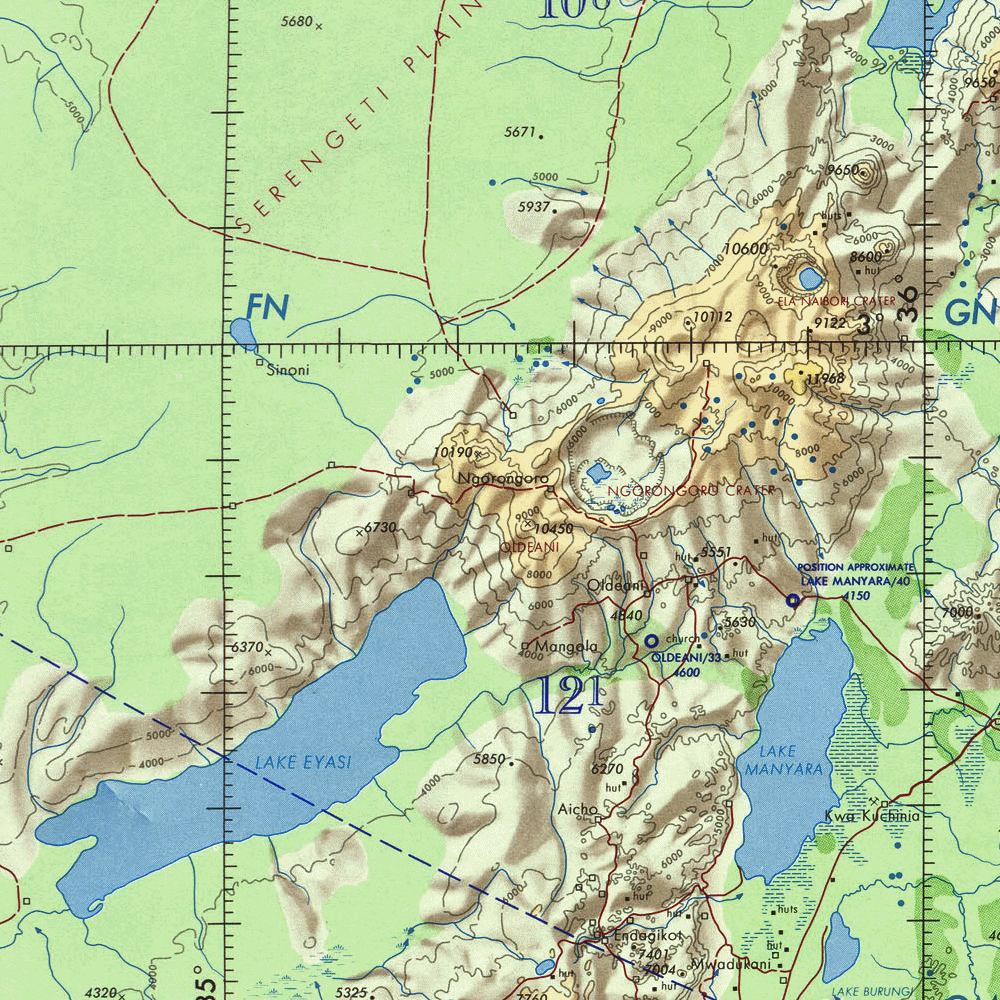 Carte de la Tanzanie : le cratère du Ngorongoro et les lacs Eyasi et Manyara.
