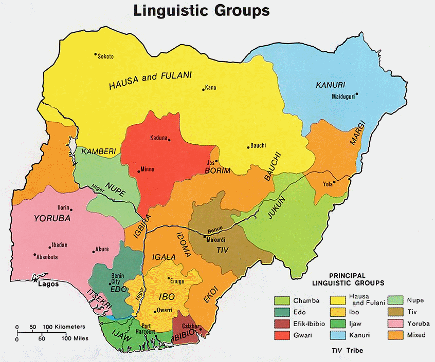 Carte du Nigeria : langues et ethnographie.