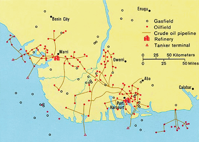 Carte du Nigeria : l'exploitation des hydrocarbures.
