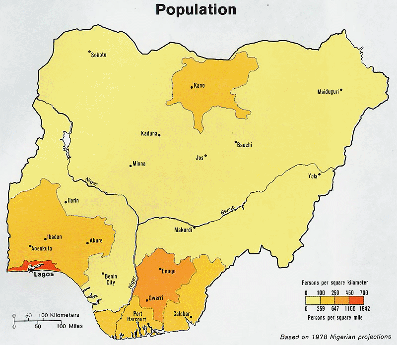 Carte du Nigeria : la densité de population.