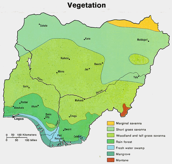 Carte du Nigeria : les zones de végétation.