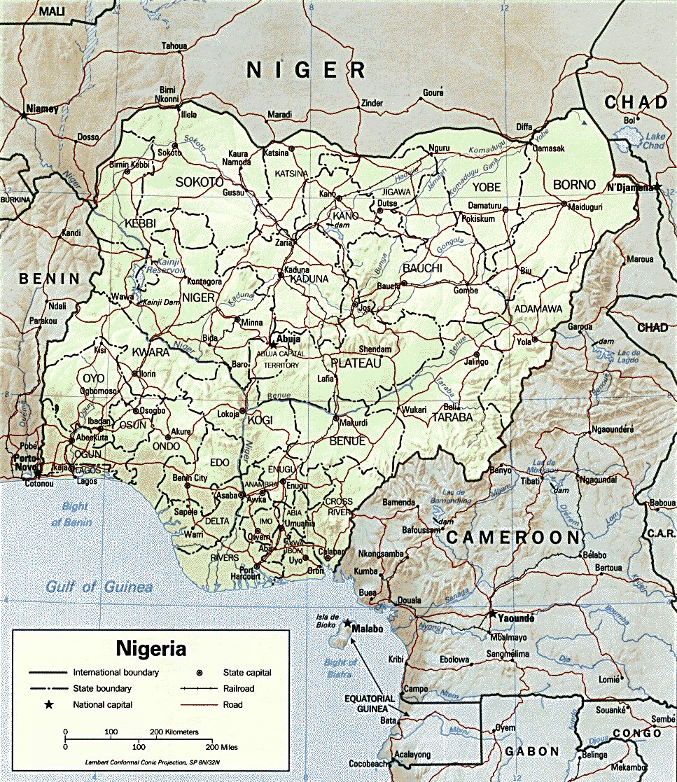 Carte topographique du Nigeria.