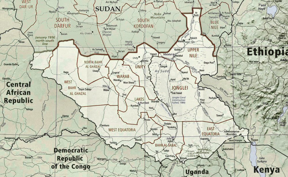 Carte du Soudan du Sud (topographie).