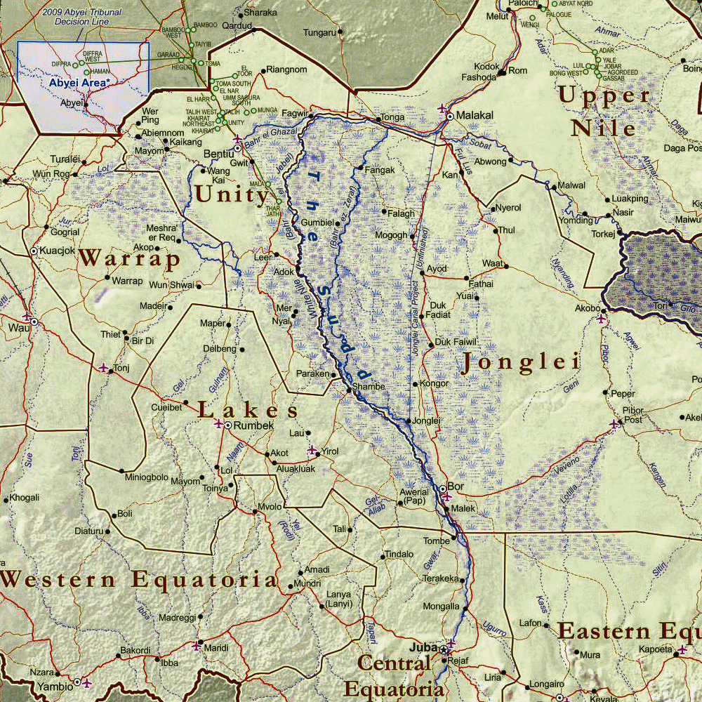 Carte du Soudan du Sud (le Sudd).