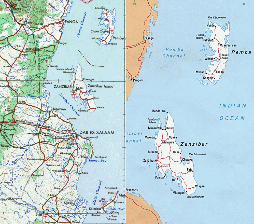 Carte de la Tanzanie : la côte et les îles.