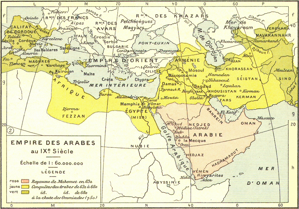 Carte de l'empire des Arabes au IXe sicle.