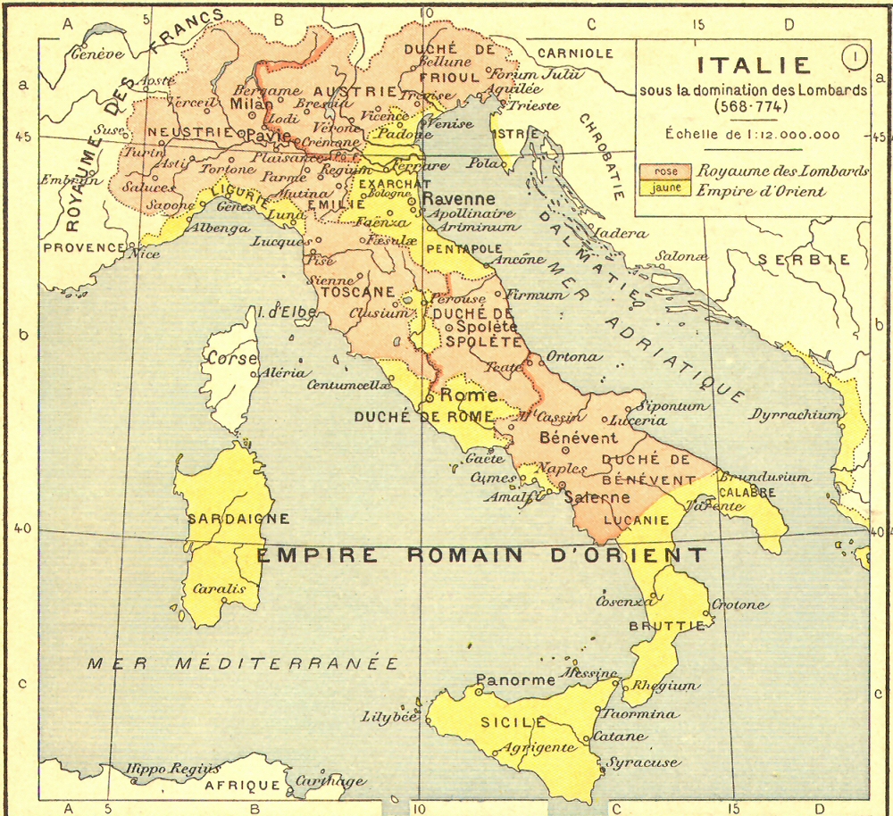Carte de l'Italie sous la domination des Lombards.
