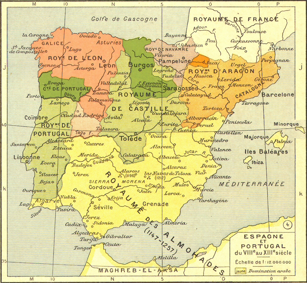 Carte de l'Espagne et du Portugal du VIIIe au XIIIe siècle.