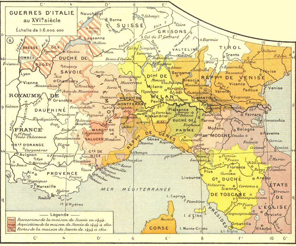 Carte des Guerres d'Italie au XVIe siècle.