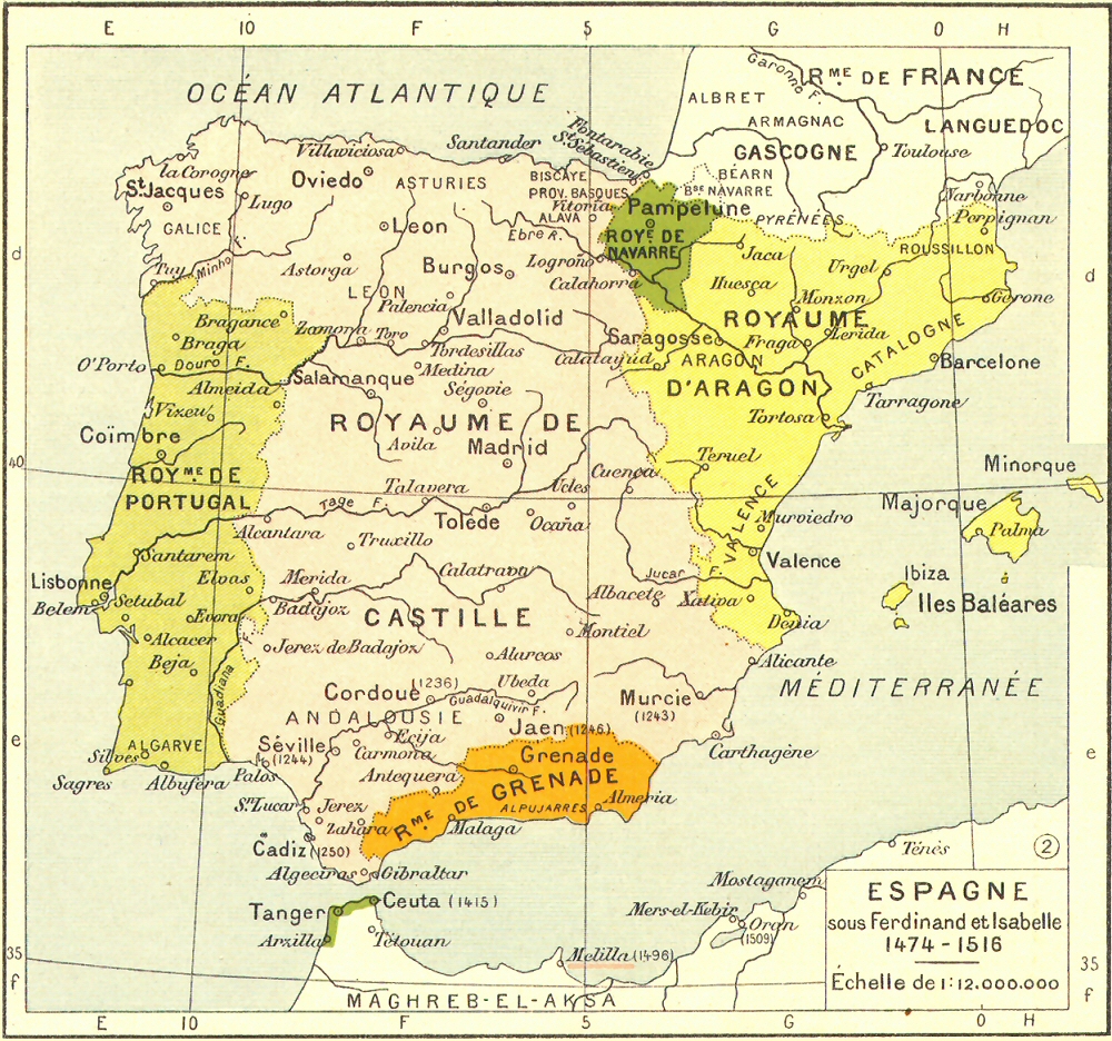 Carte de l'Espagne sous Ferdinand et Isabelle (1474 - 1516).
