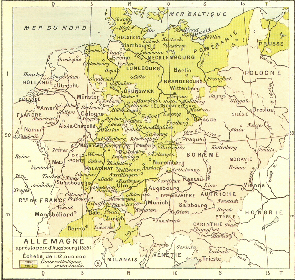 Carte de l'Allemagne aprs la paix d'Augsbourg (1555).