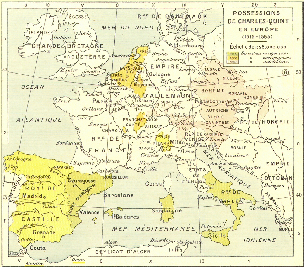 Carte des possessions de Charles-Quint en Europe.