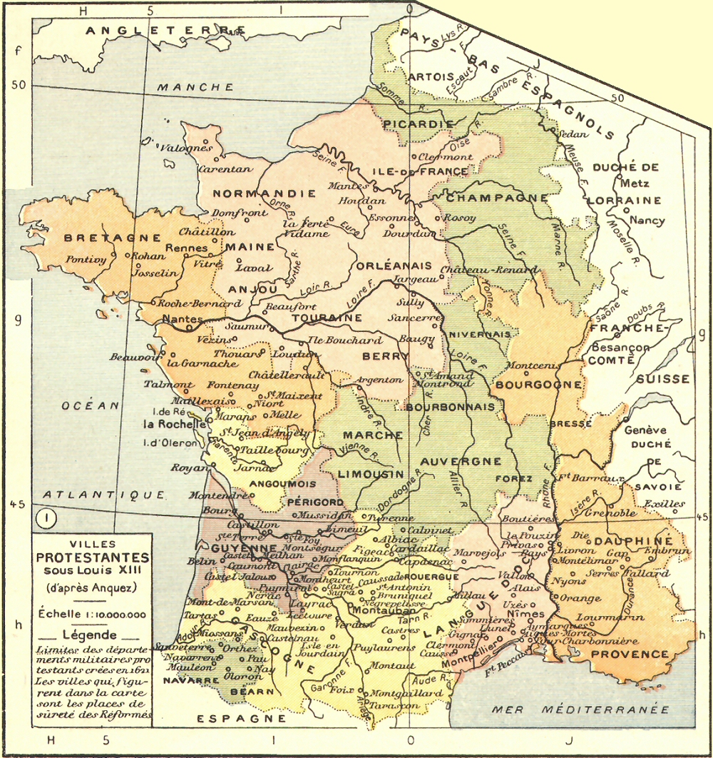 Carte des villes protestantes sous Louis XIII.