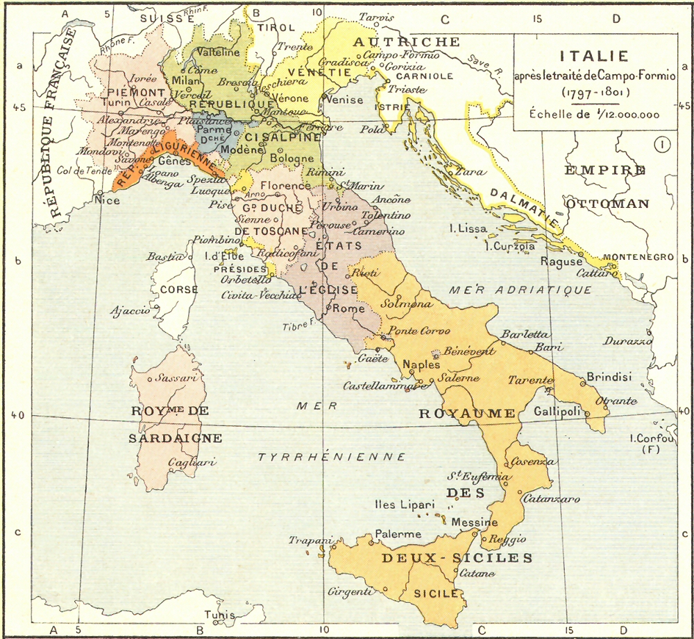 Carte de l'Italie aprs le trait de Campo Formio (1797 - 1801).