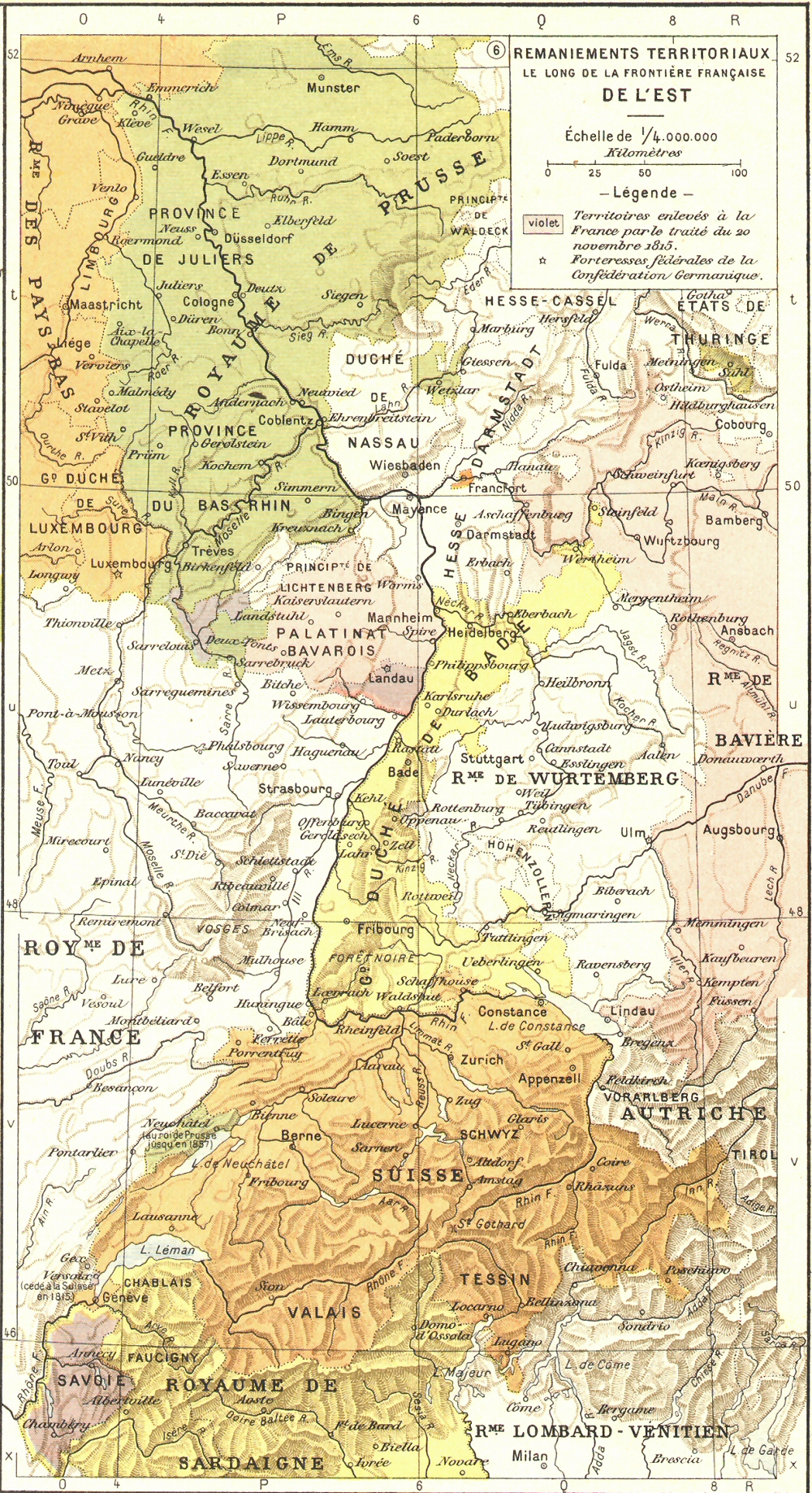 Carte des remaniements territoriaux le long de la frontire franaise de l'Est (1815).