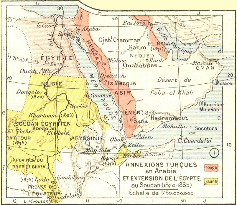 Carte des annexions turques en Arabie et extensions de l'Egypte au Soudan (1820-1885).